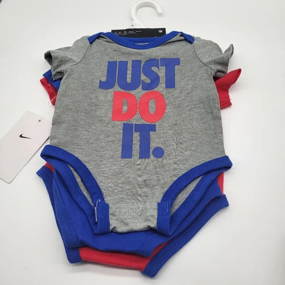 NIKE Baby Set of 3 One Piece Bodysuits Game Royal Red Blue Gray NWT - Picture 1 of 3
